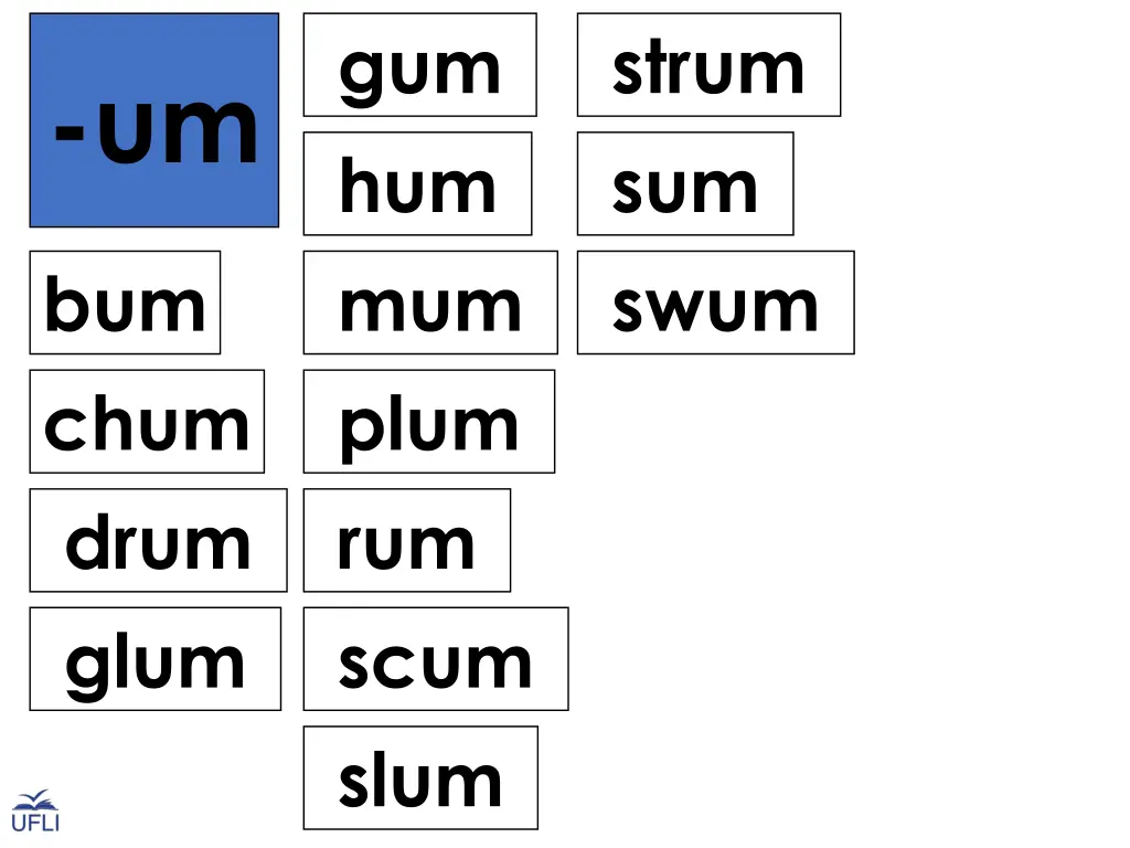 gum hum mum plum rum scum slum