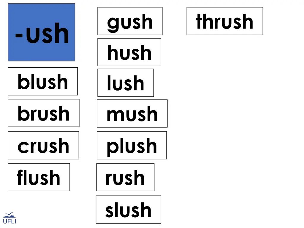 gush hush lush mush plush rush slush