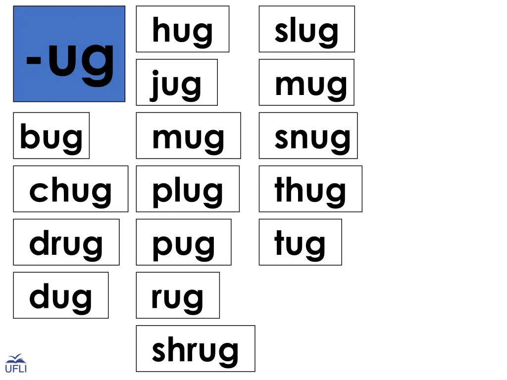 hug jug mug plug pug rug shrug