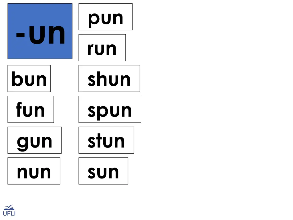 pun run shun spun stun sun