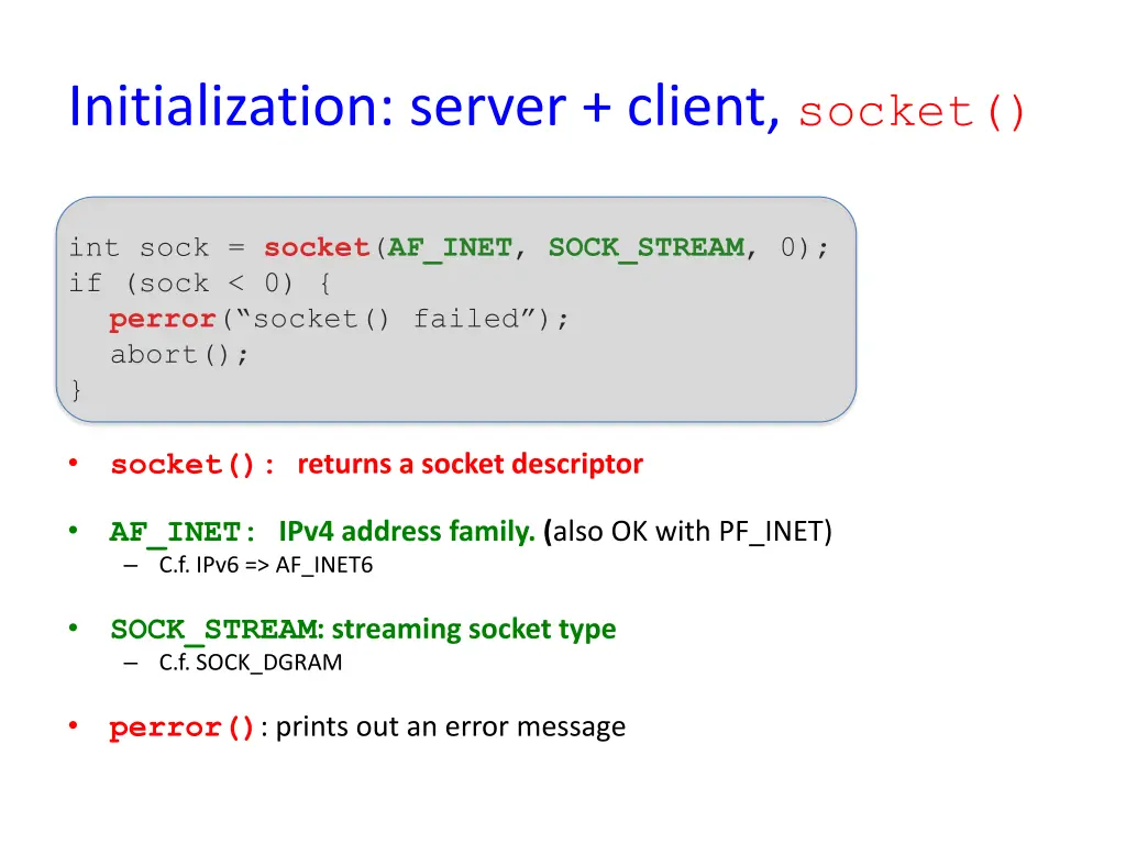 initialization server client socket