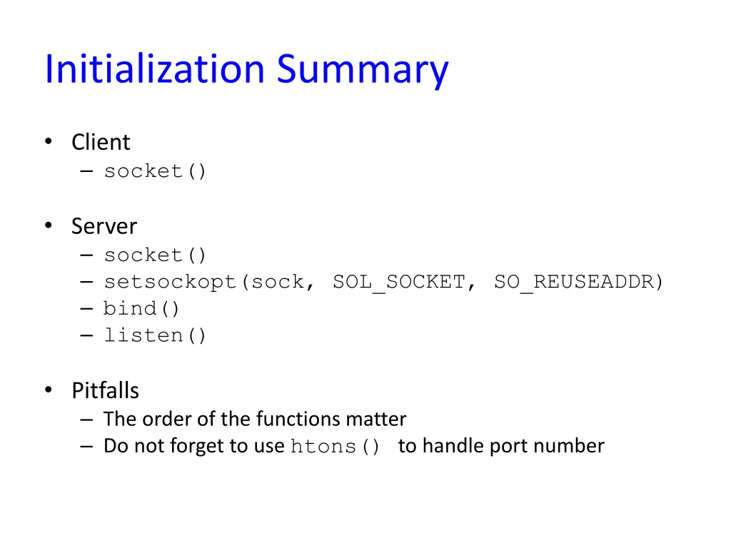 initialization summary