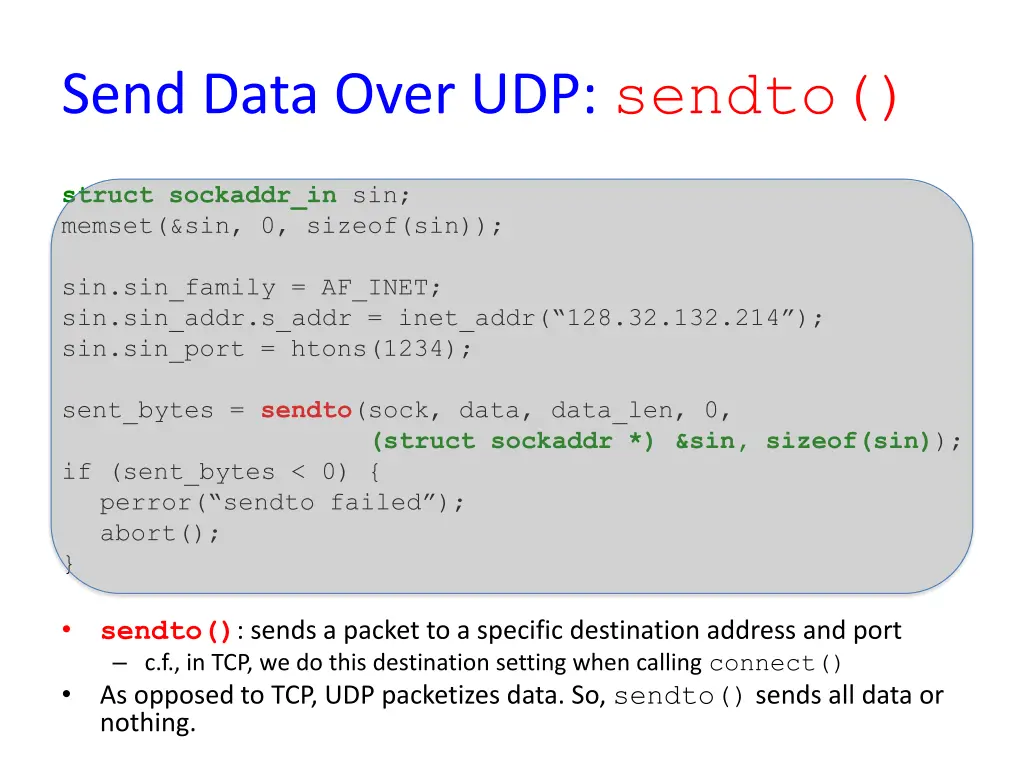 send data over udp sendto