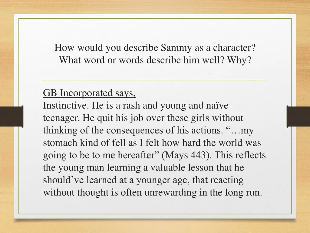 how would you describe sammy as a character what 2