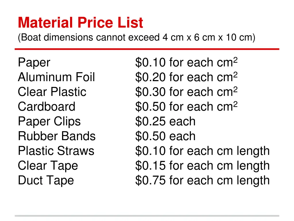 material price list boat dimensions cannot exceed