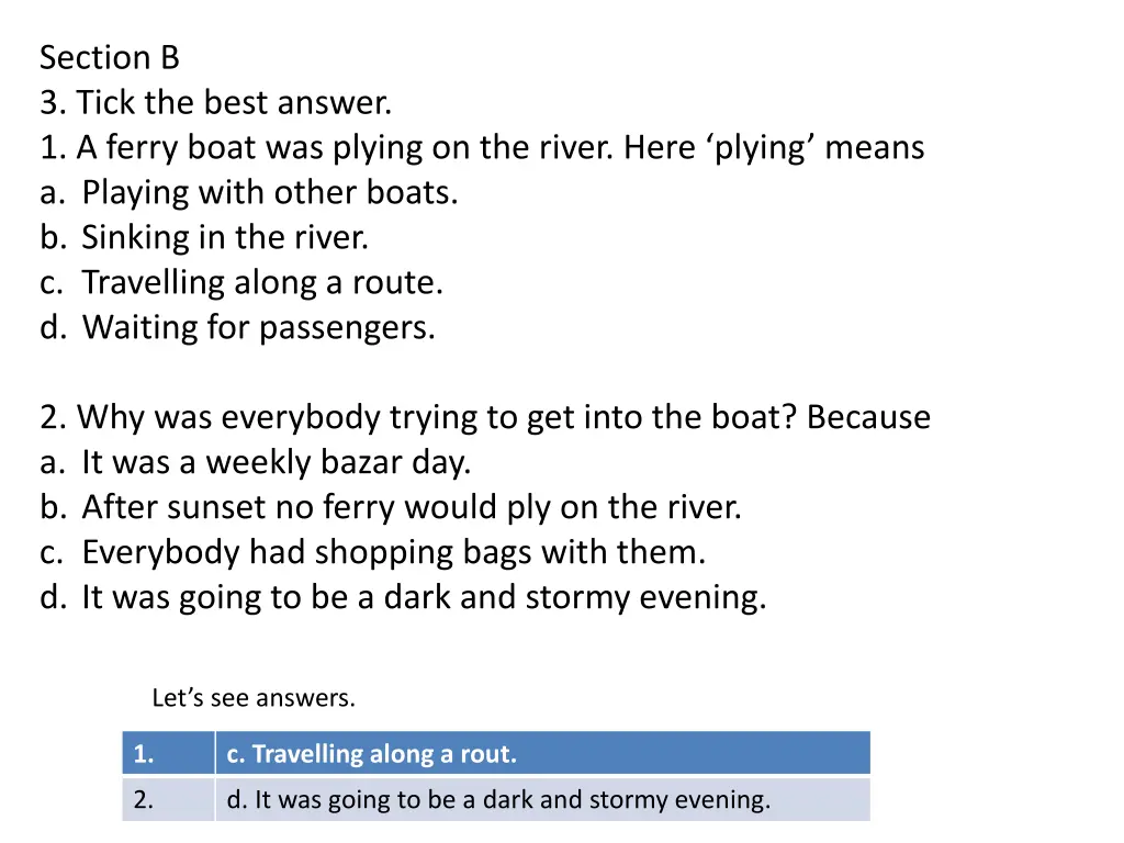 section b 3 tick the best answer 1 a ferry boat