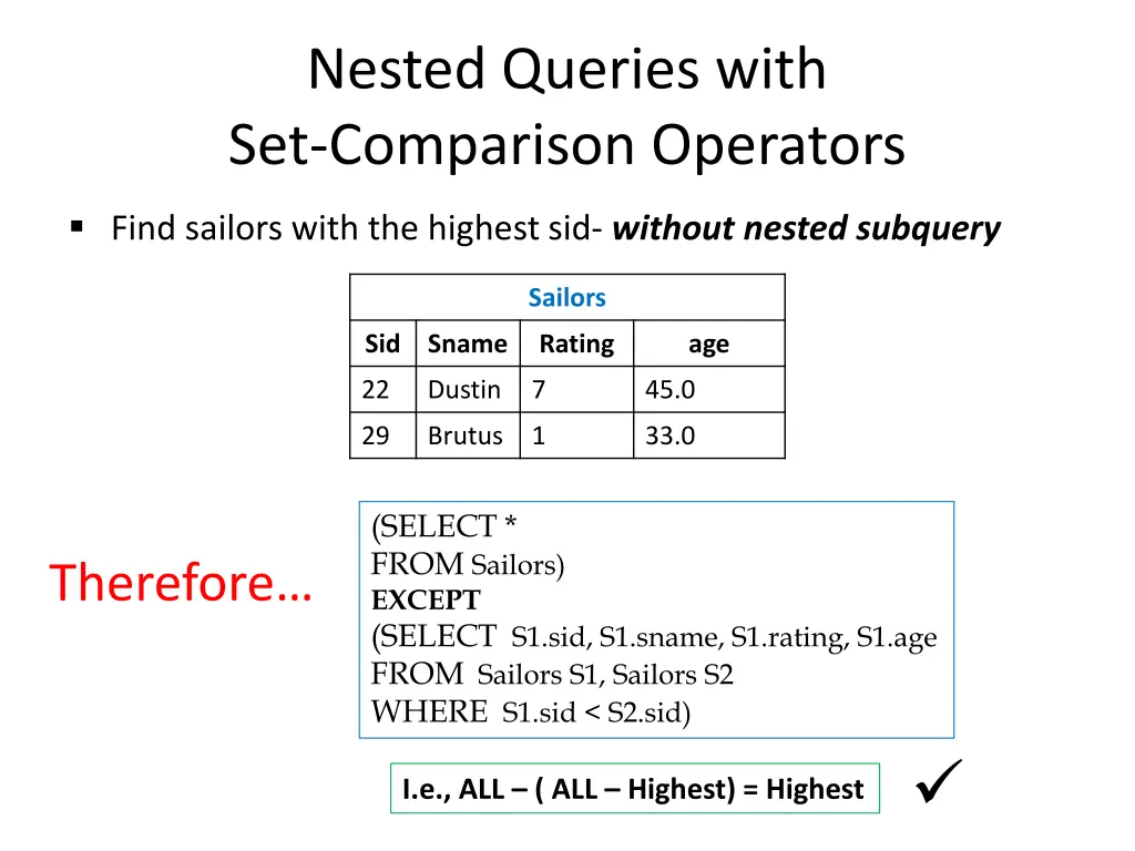 nested queries with set comparison operators 10