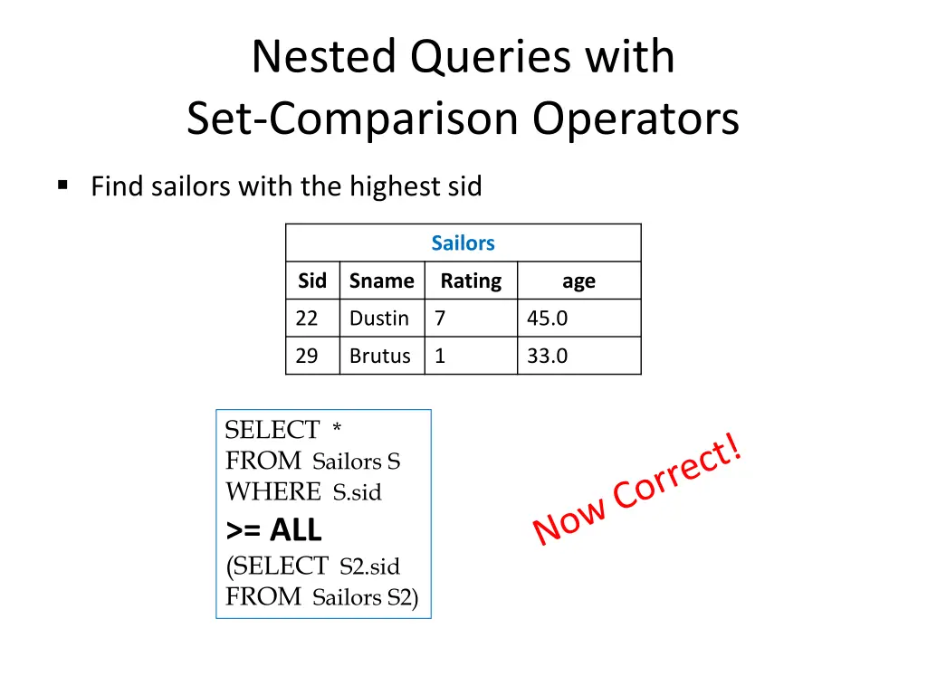 nested queries with set comparison operators 5