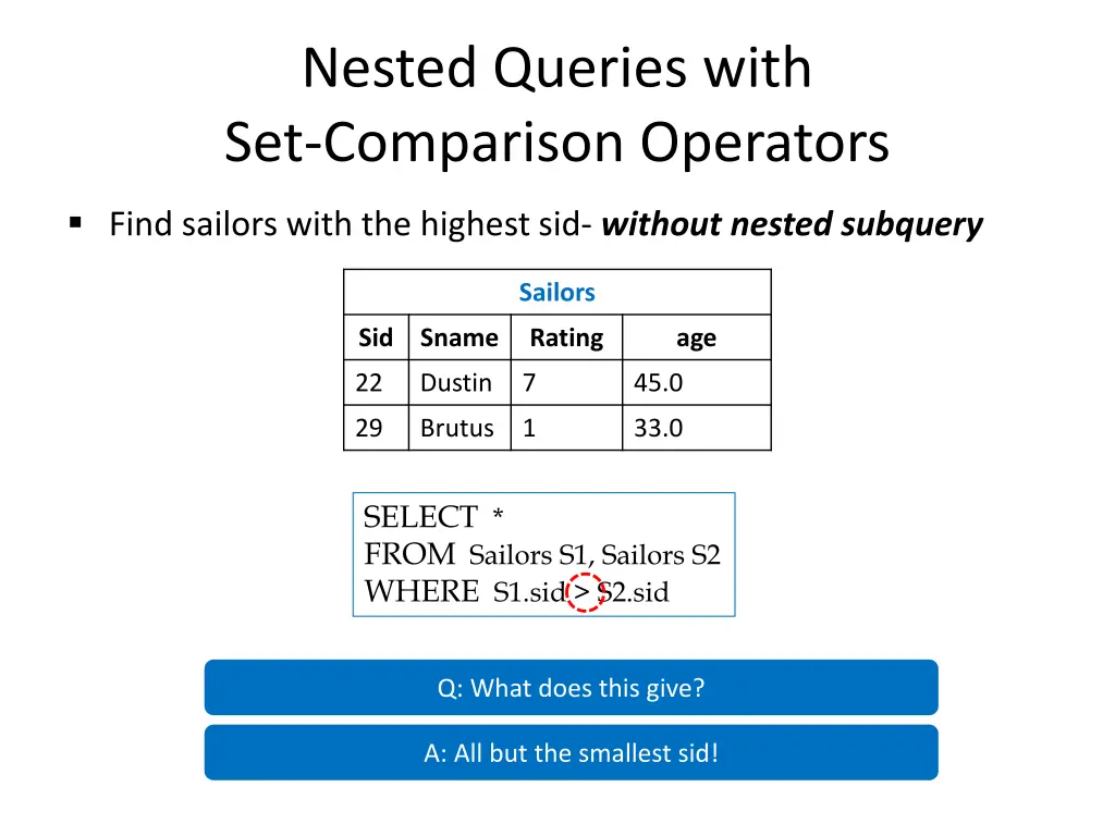 nested queries with set comparison operators 8