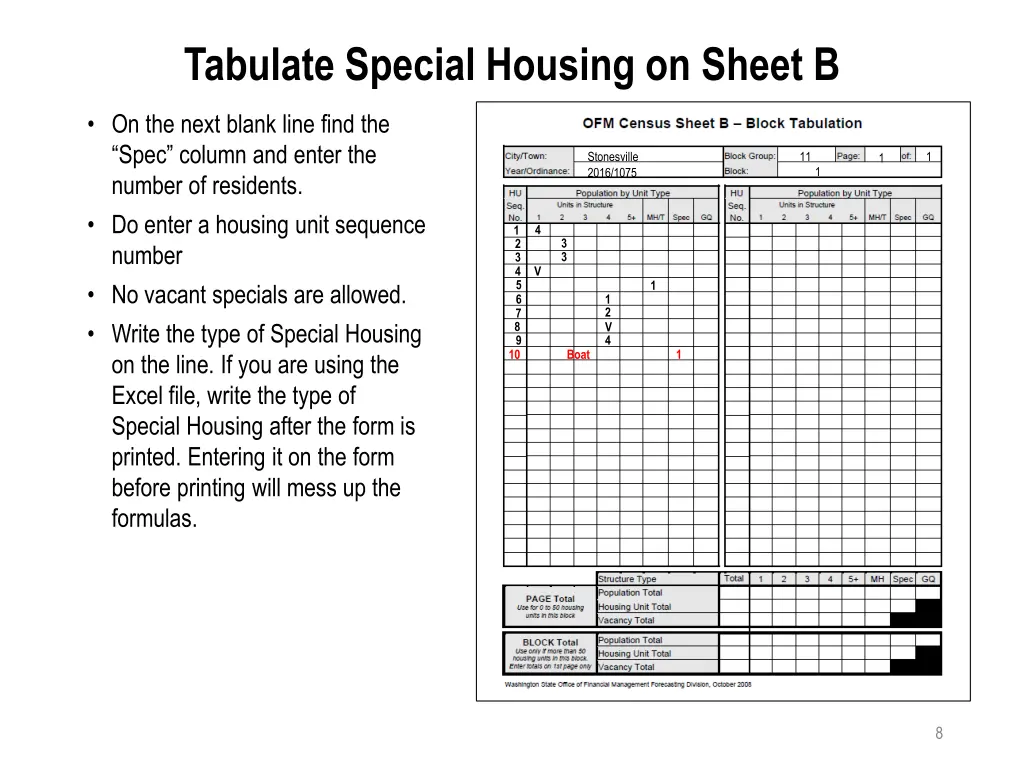 tabulate special housing on sheet b