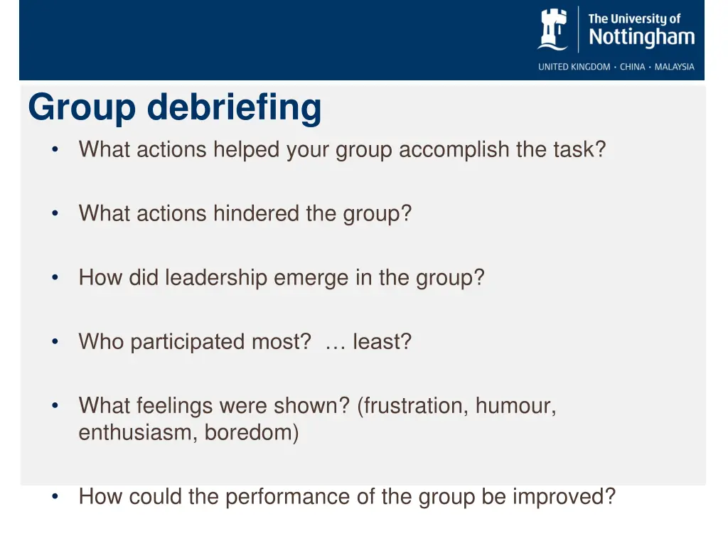 group debriefing what actions helped your group