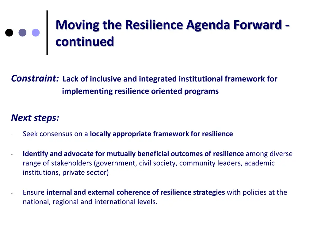 moving the resilience agenda forward continued