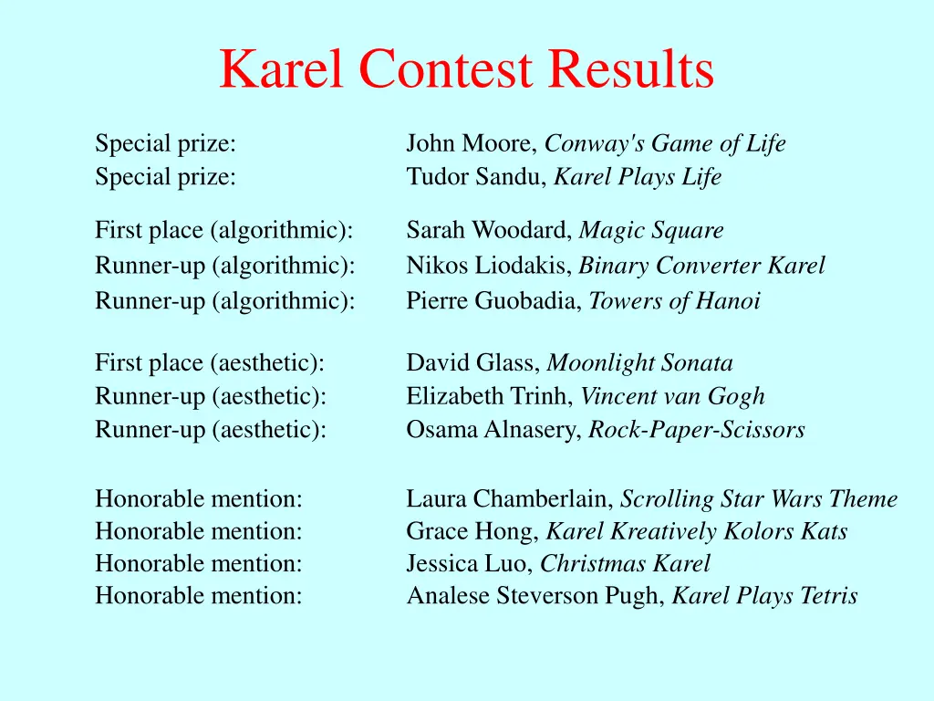 karel contest results