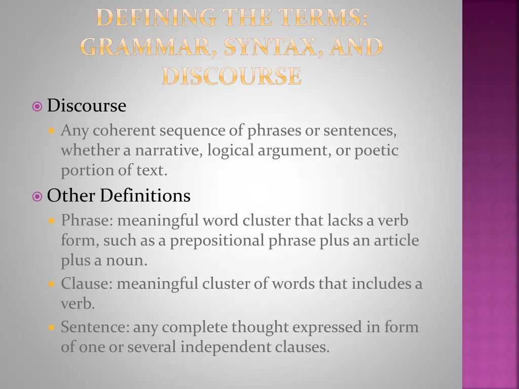 defining the terms grammar syntax and discourse