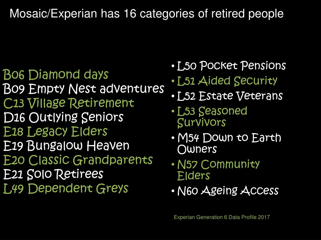 mosaic experian has 16 categories of retired