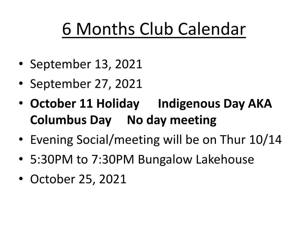 6 months club calendar