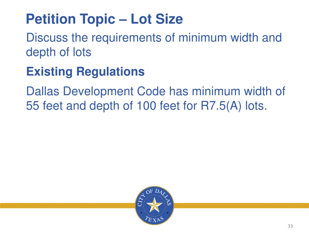 petition topic lot size discuss the requirements