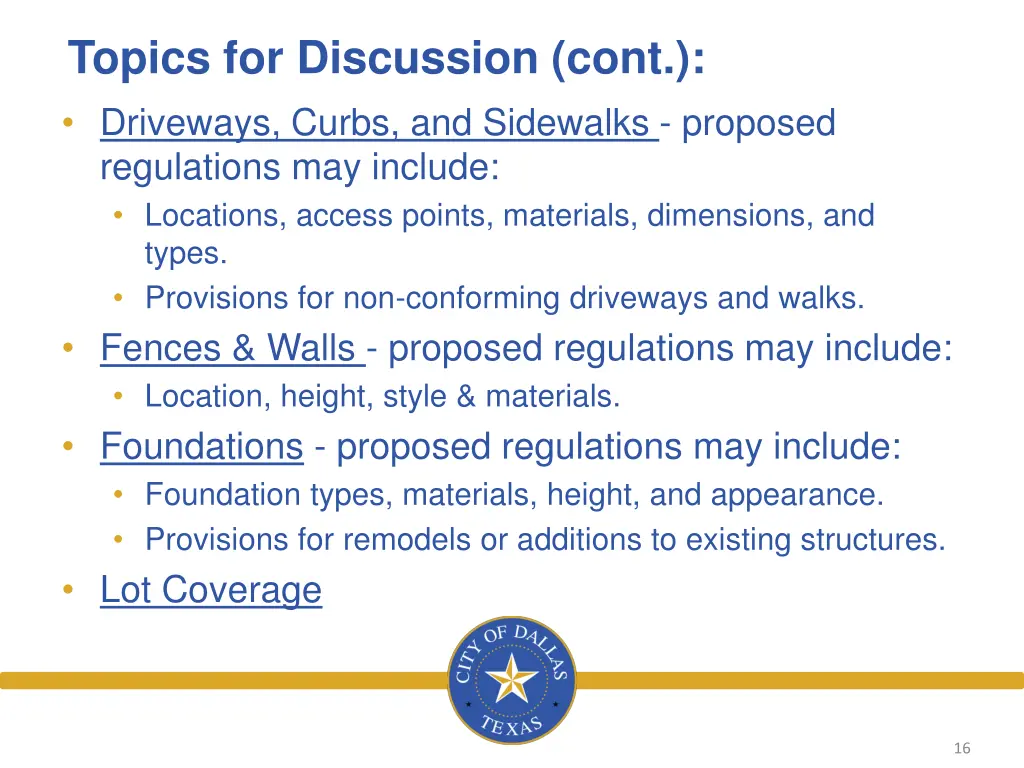 topics for discussion cont driveways curbs