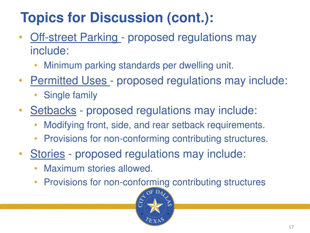 topics for discussion cont off street parking