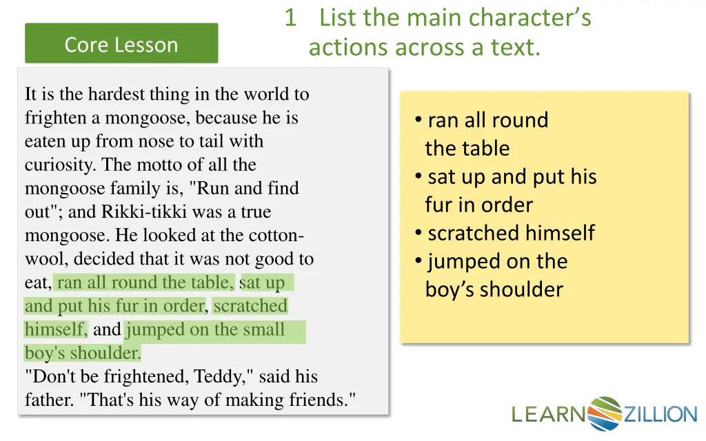 1 list the main character s actions across a text