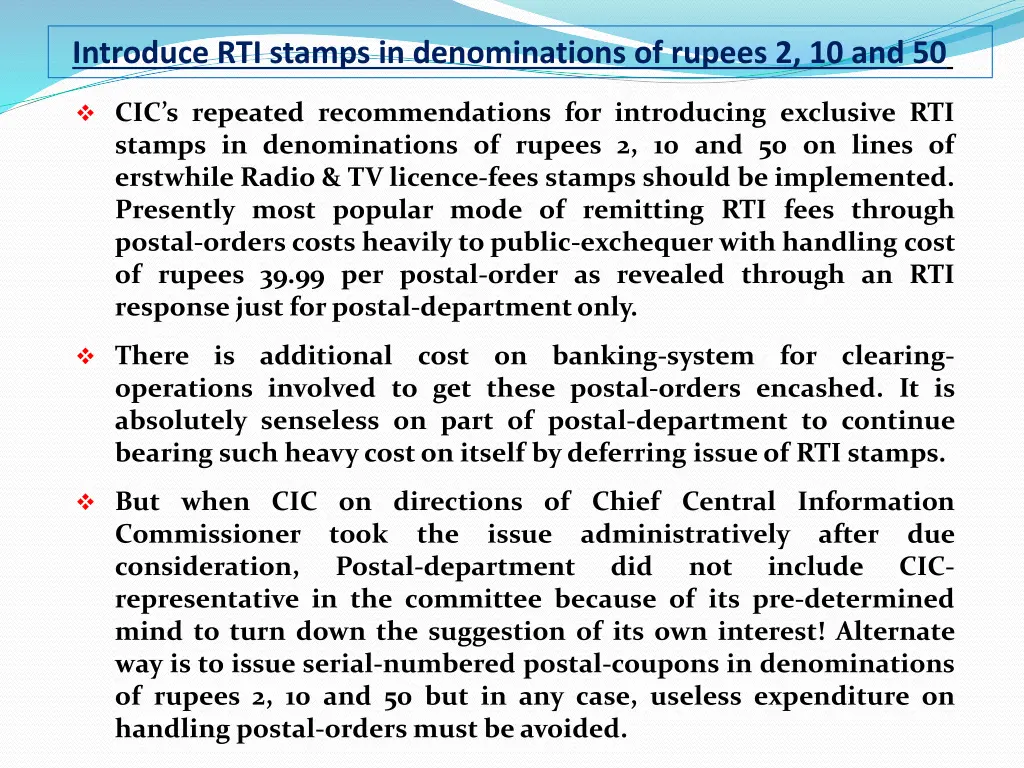 introduce rti stamps in denominations of rupees