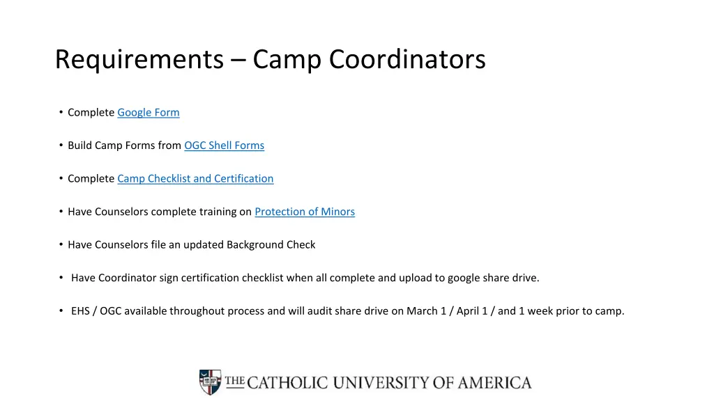 requirements camp coordinators