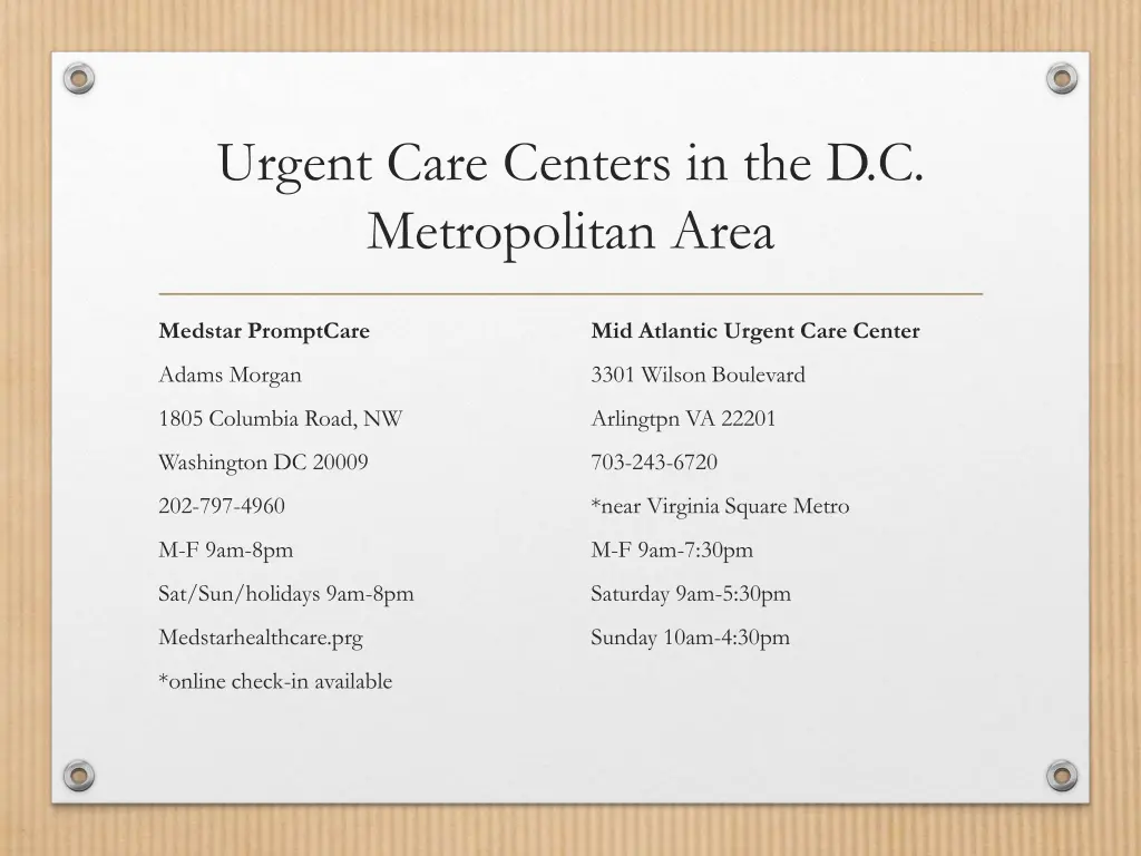 urgent care centers in the d c metropolitan area 1