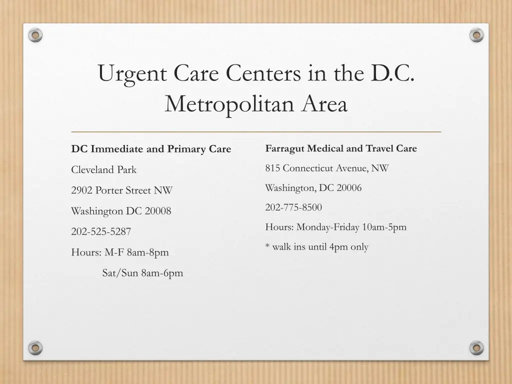 urgent care centers in the d c metropolitan area