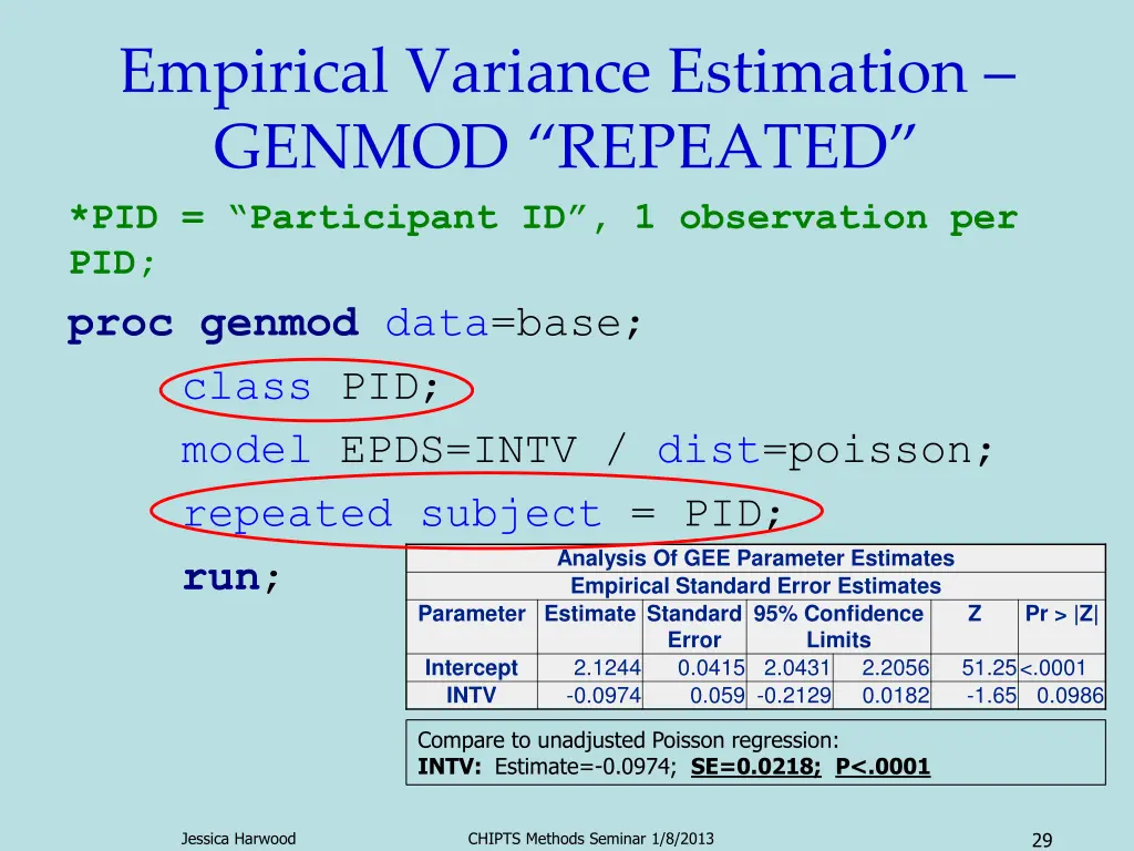 empirical variance estimation genmod repeated