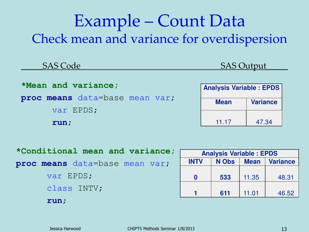 example count data check mean and variance