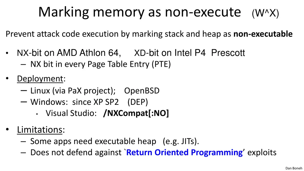 marking memory as non execute w x