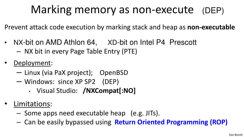 marking memory as non execute dep