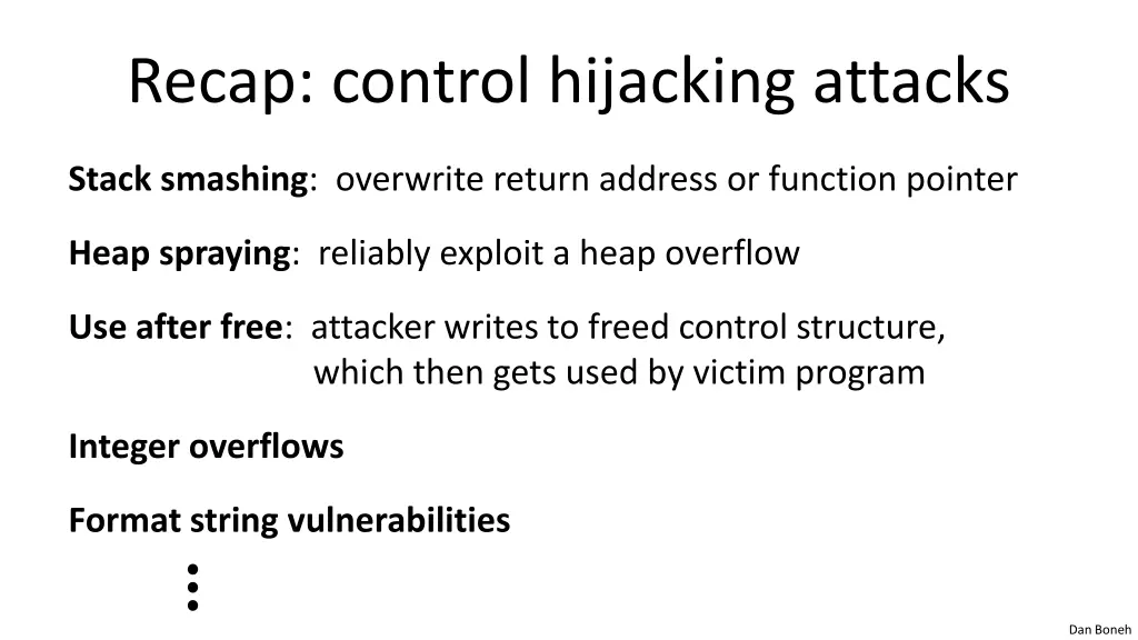 recap control hijacking attacks