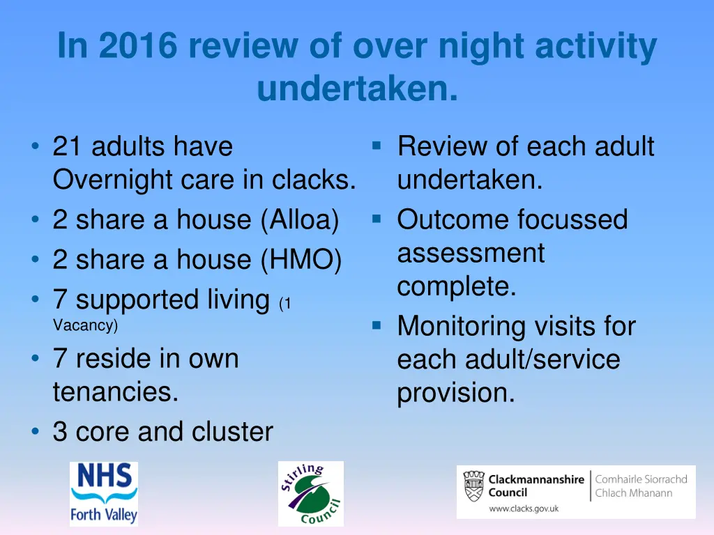 in 2016 review of over night activity undertaken