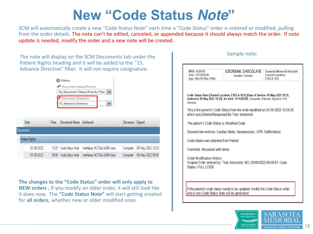 new code status note scm will automatically