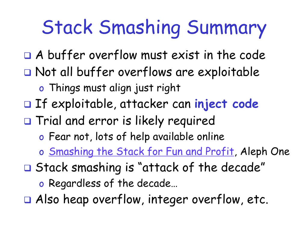 stack smashing summary