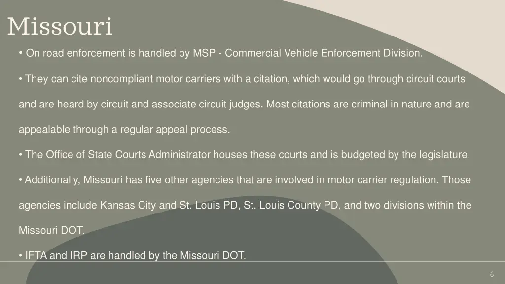 missouri on road enforcement is handled