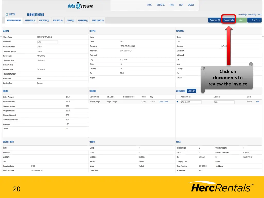 click on documents to review the invoice