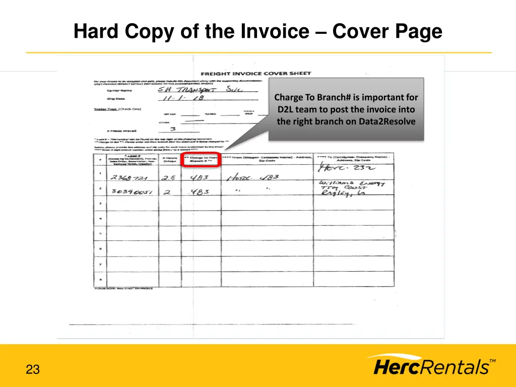 hard copy of the invoice cover page