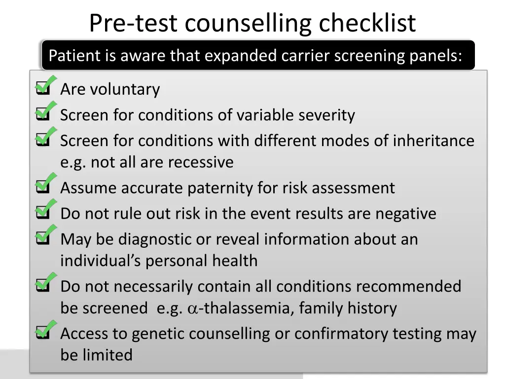 pre test counselling checklist patient is aware