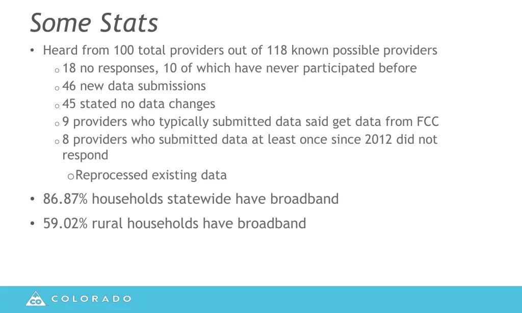 some stats heard from 100 total providers