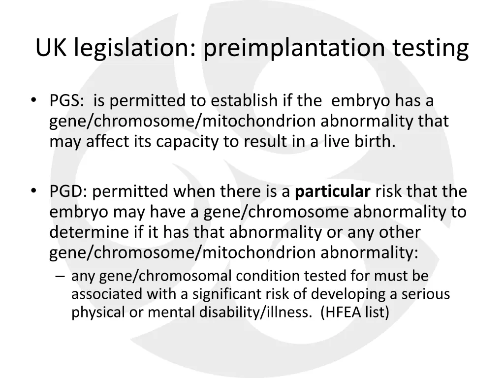 uk legislation preimplantation testing