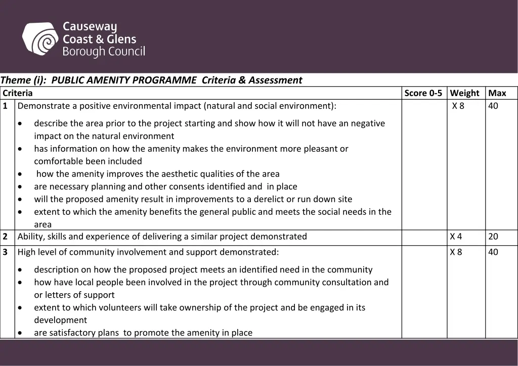 theme i public amenity programme criteria