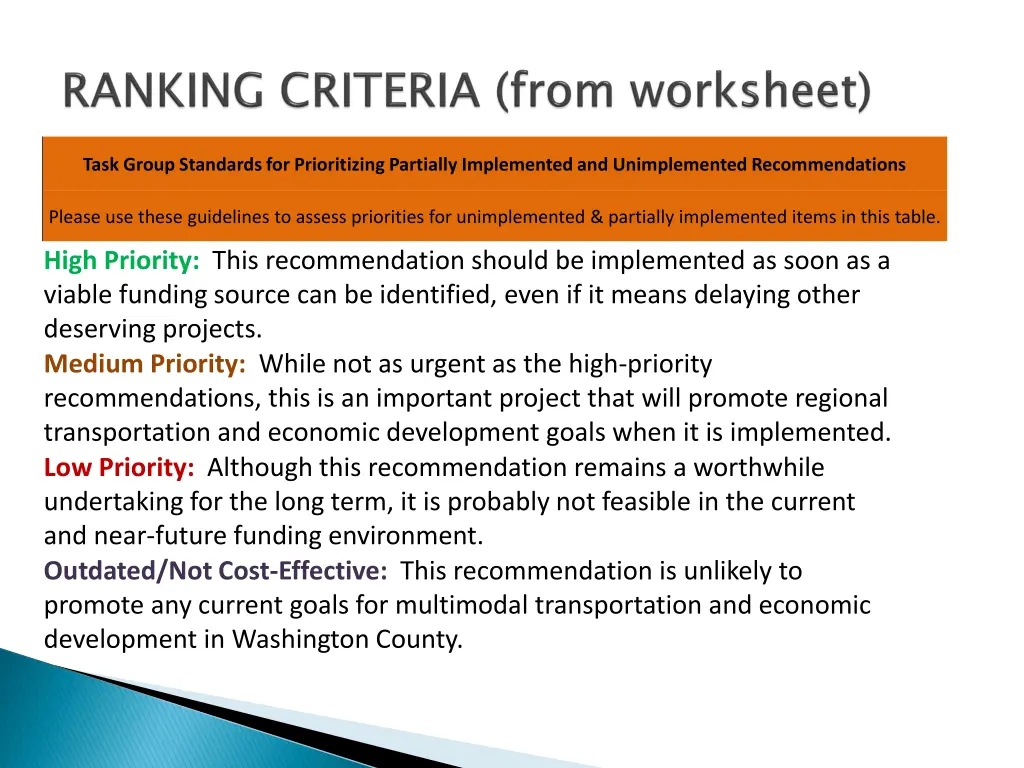 task group standards for prioritizing partially