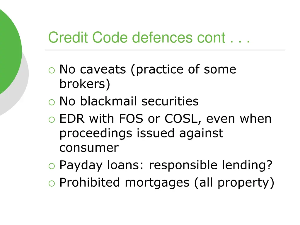 credit code defences cont