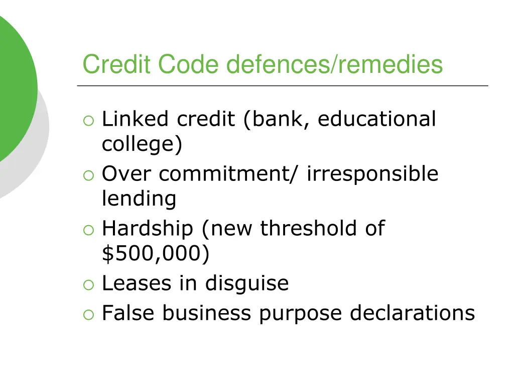 credit code defences remedies