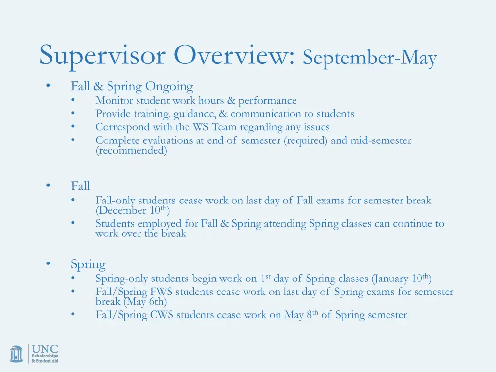 supervisor overview september may fall spring