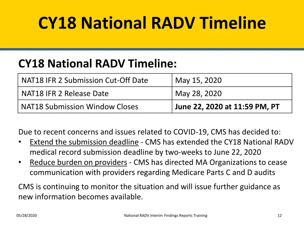 cy18 national radv timeline