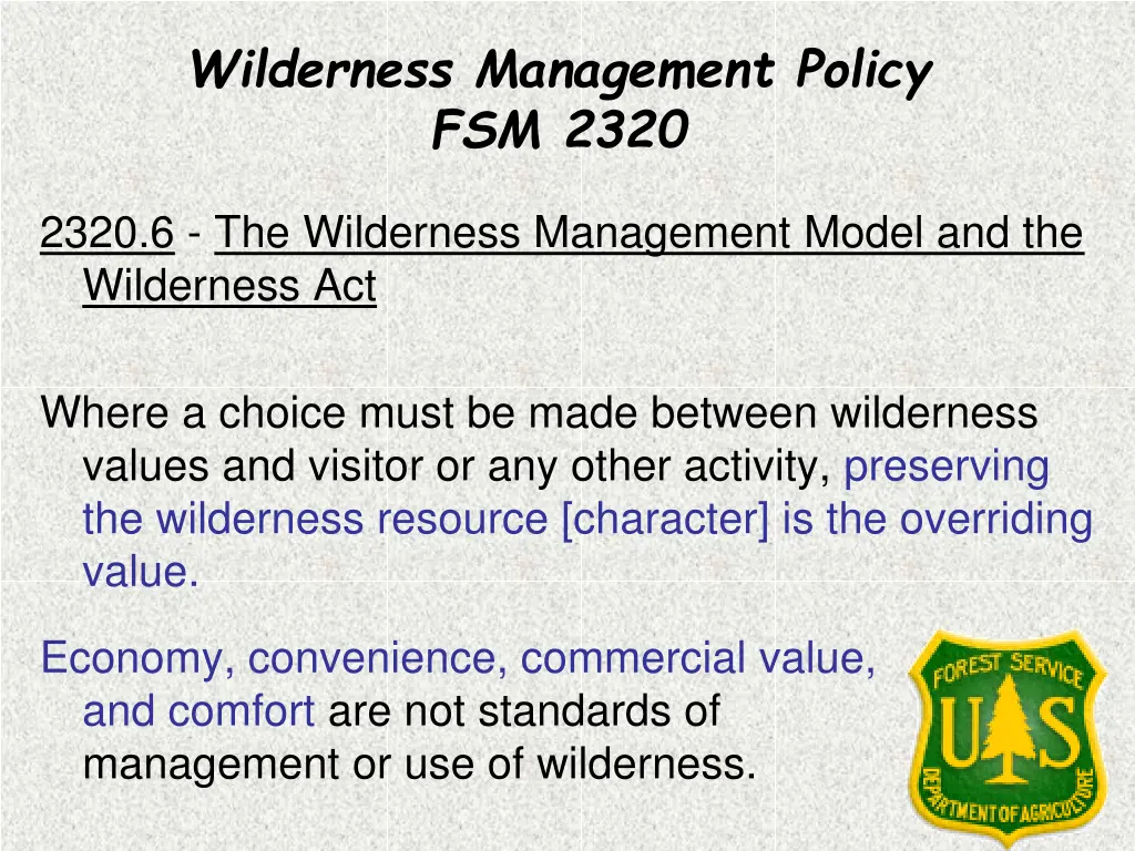 wilderness management policy fsm 2320 8