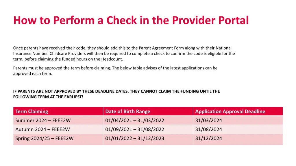 how to perform a check in the provider portal